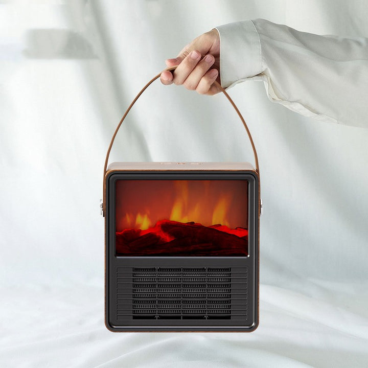 Wood-finish small heater with flame effect