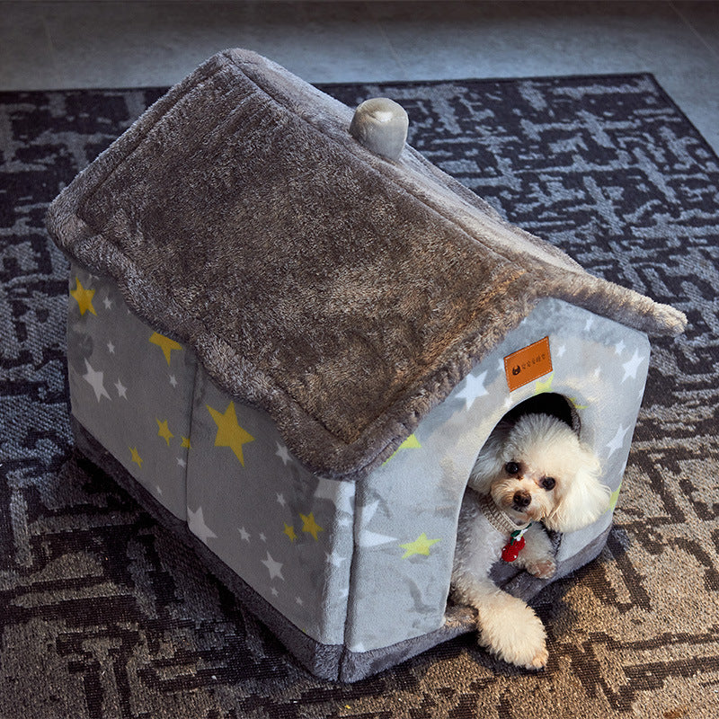 Plush enclosed cat house with cushion