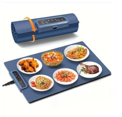 Roll-up food warming mat with dishes on top