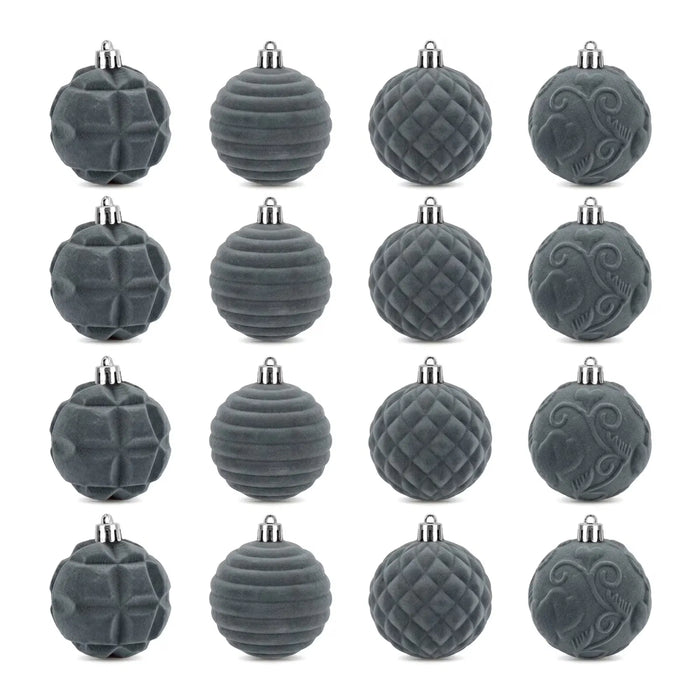 Warmfell Grey Velvet Christmas Baubles, Shatterproof Set of 12