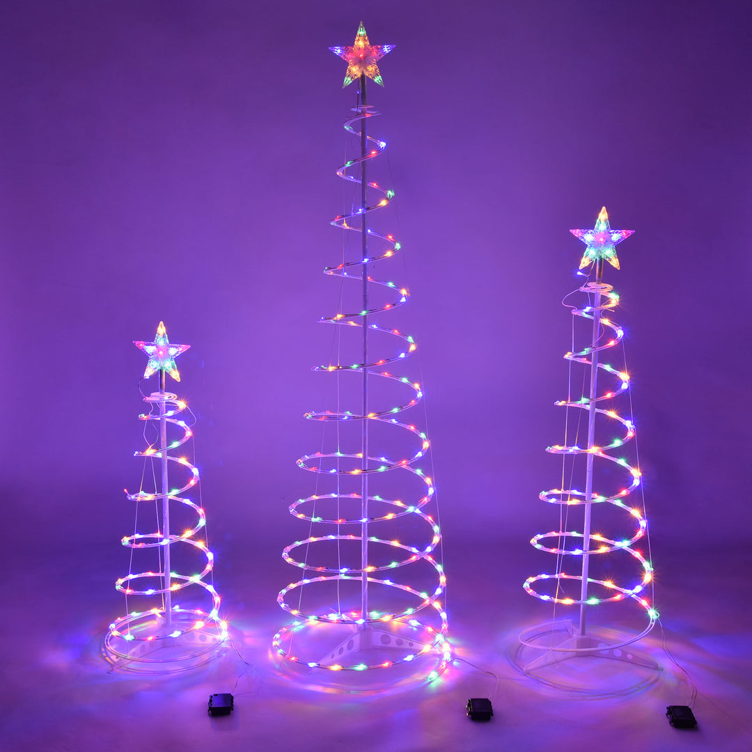 Glowing spiral Christmas tree light outdoors