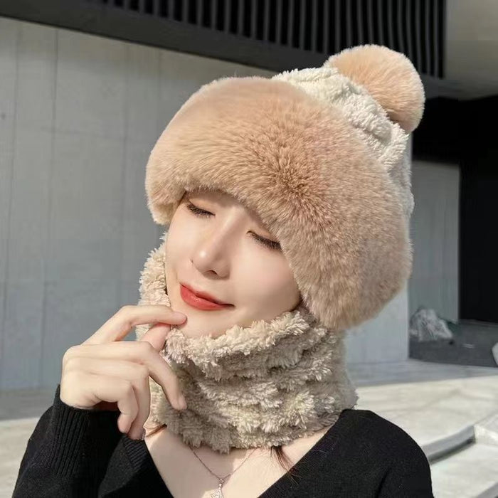Warmfell Plush Hood Hat with Neck Warmer and Pompom