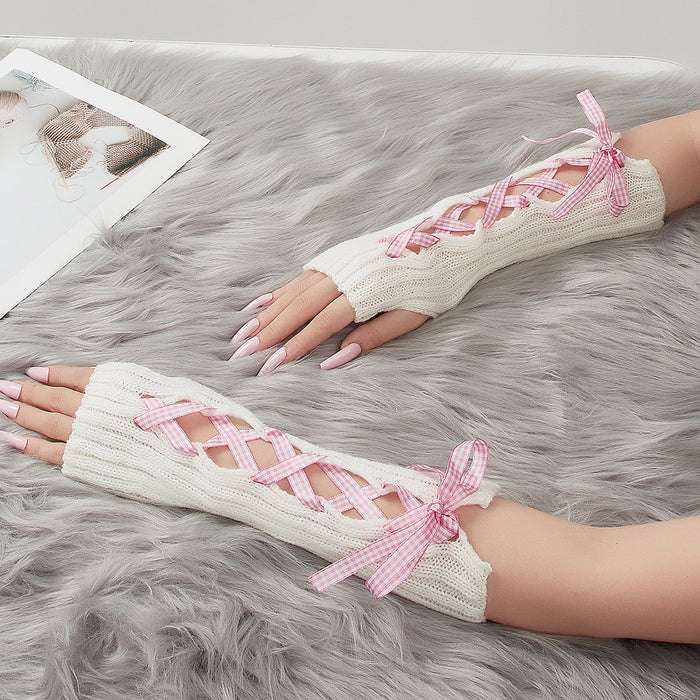 Warmfell Long Fingerless Arm Warmers with Lace Up Ribbon
