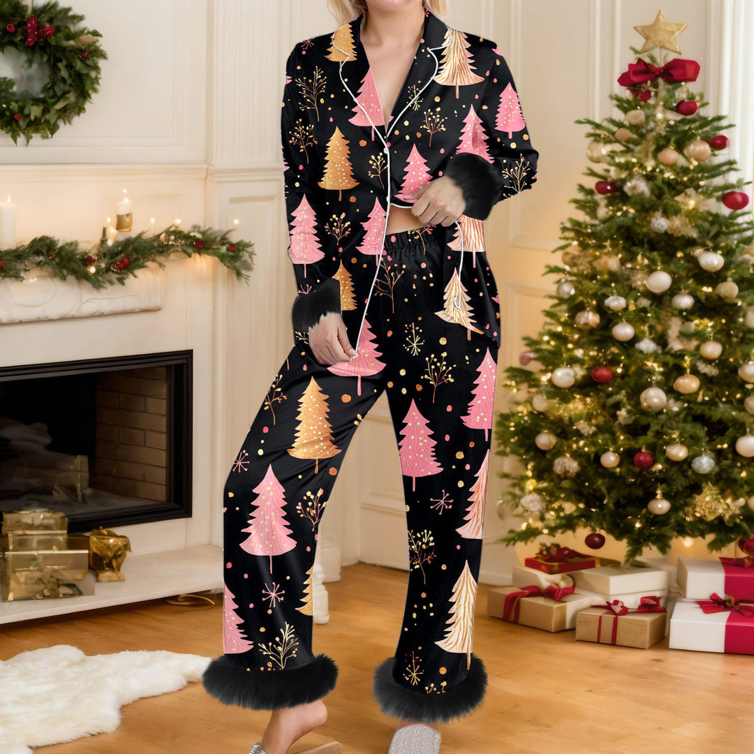 Woman in Christmas print pyjama set