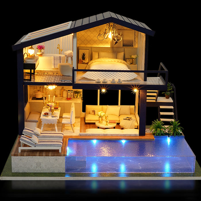 Warmfell DIY miniature dollhouse kit with pool and LED lights