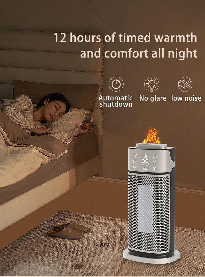 Silver tower heater with flame-effect humidifier