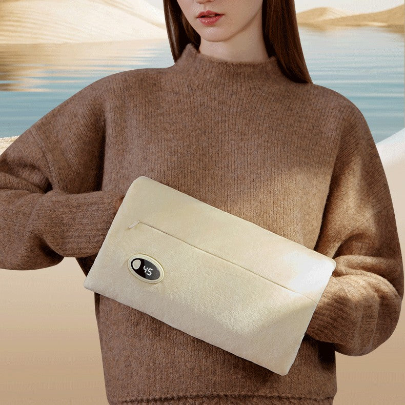 Cream plush heated pouch unfolded as blanket