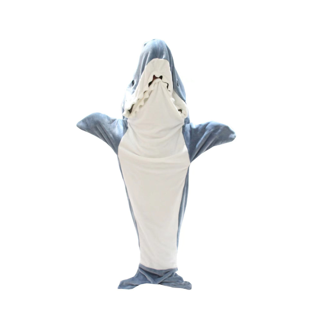 Person wearing grey shark hooded blanket