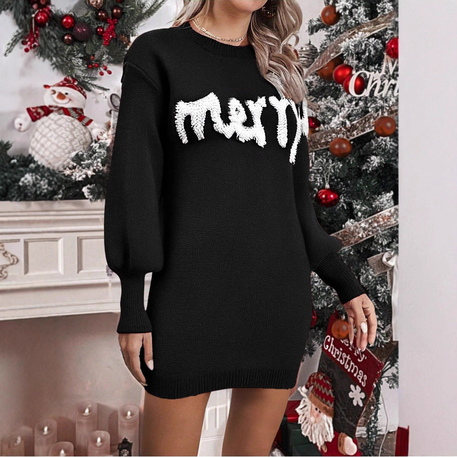 Womens Christmas Jumper Dress Lantern Sleeve Knit