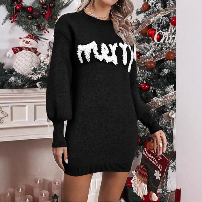 Warmfell Knitted Christmas jumper dress with lantern sleeves, mini length