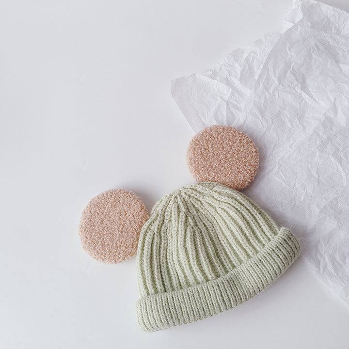 Kids pink ribbed beanie with teddy ears