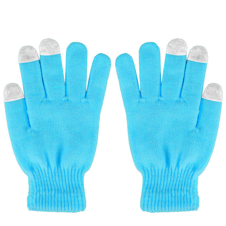 Grey knitted touchscreen gloves using phone