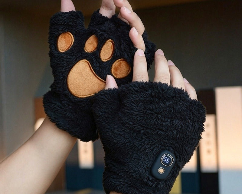 White plush cat paw heated fingerless gloves