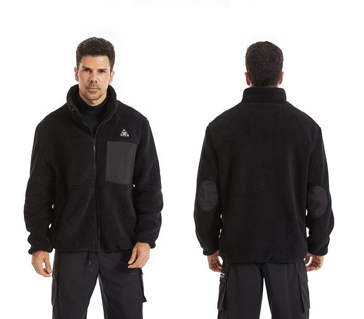 Man wearing black heated sherpa fleece jacket