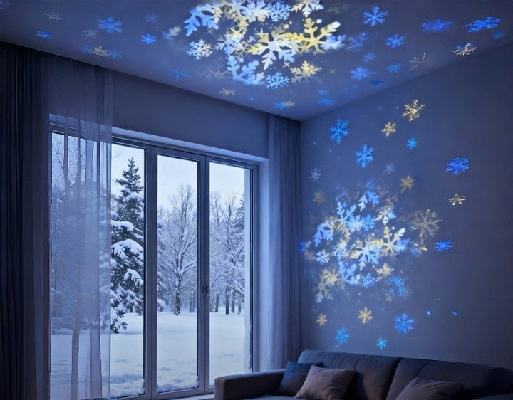 Rotating projector night light casting snowflakes
