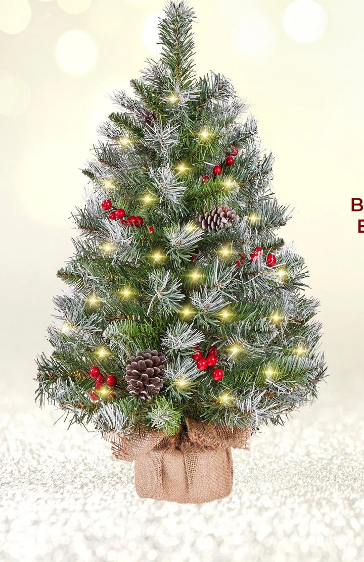 Two frosted tabletop trees with burlap bases