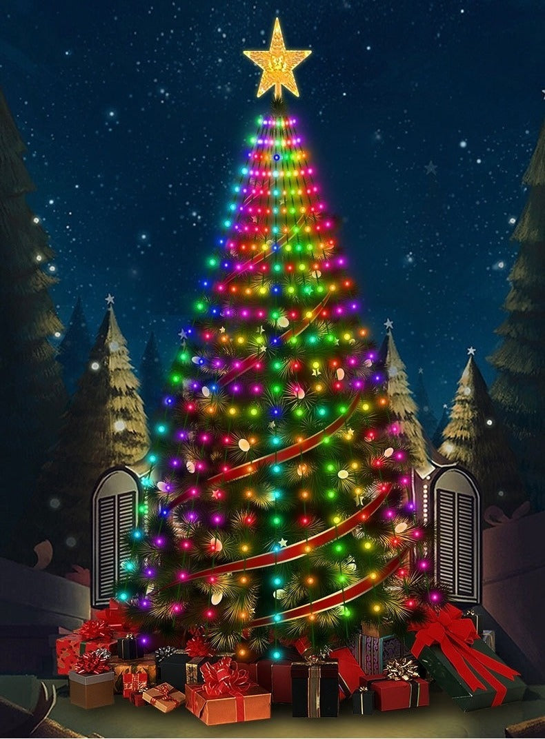Christmas tree covered in colourful LED light strands
