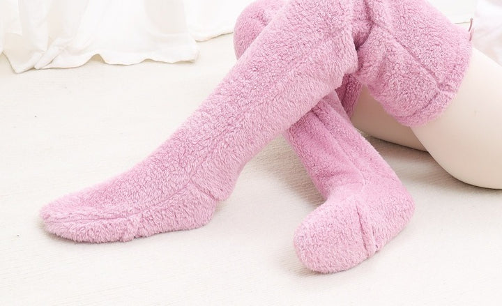 Pink plush leg warmers with drawstring