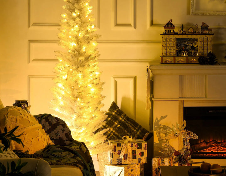 White slim pencil tree with warm lights