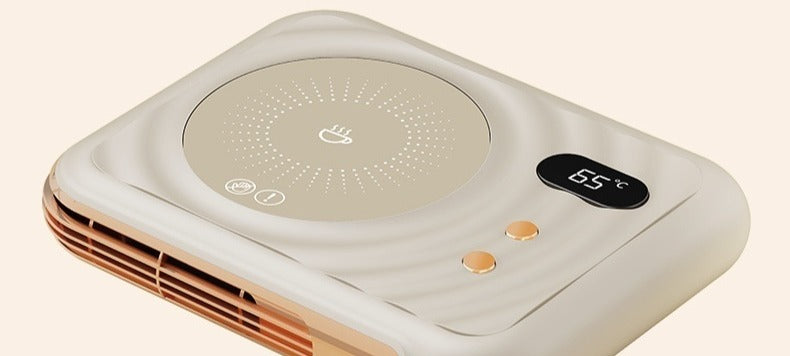 Beige mug warmer coaster with hand warmer fan