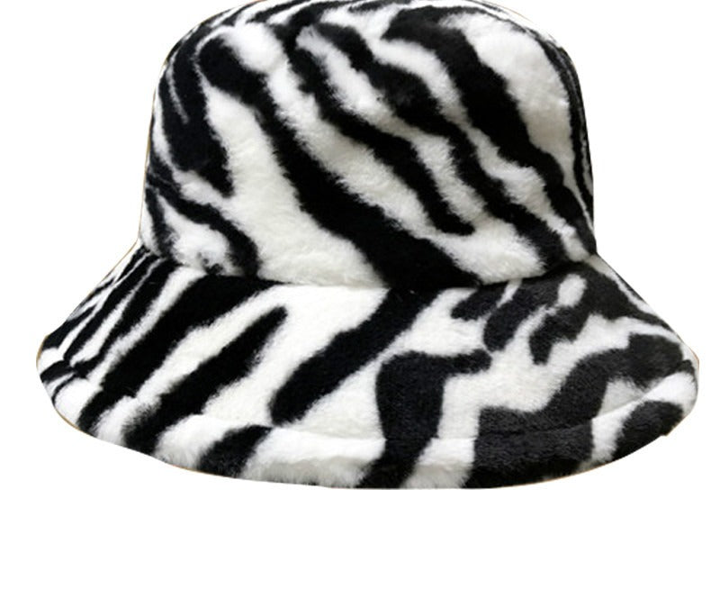Fluffy cow print faux fur bucket hat
