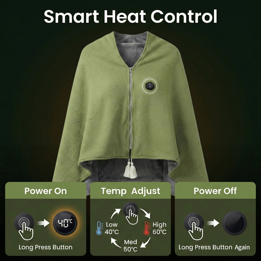 Warmfell™ Heated Cotton Shawl Blanket with Eight Heating Zones and USB