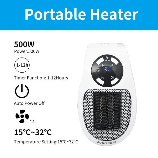 Warmfell™ 500W Mini Fan Heater with Remote, Timer and Thermostat