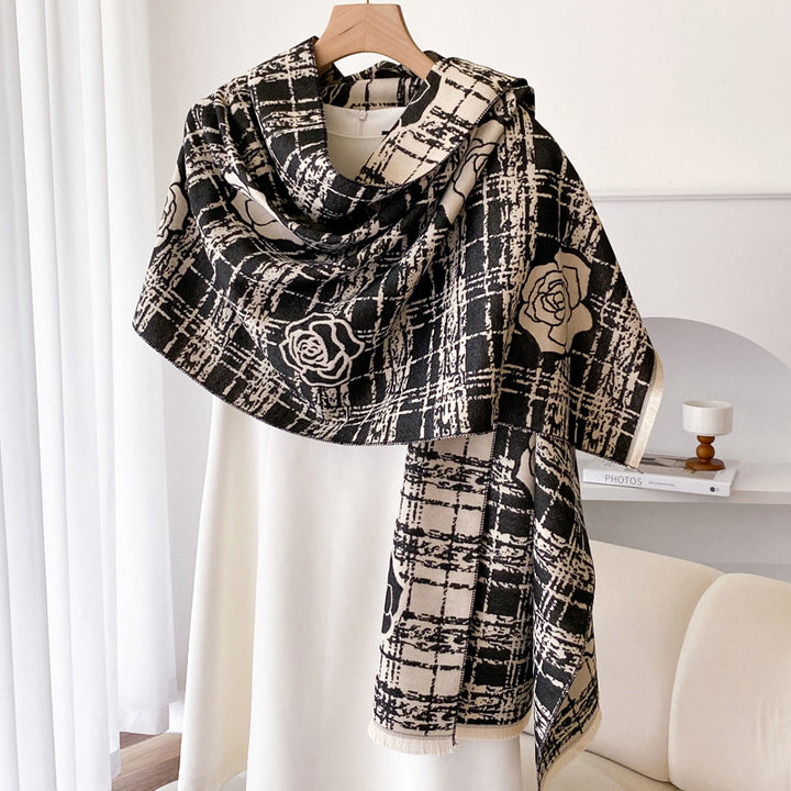 Wine red double sided plaid shawl with roses