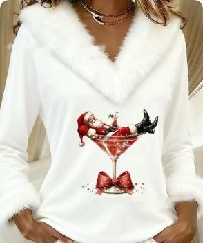 Woman in red Christmas print fur trim top