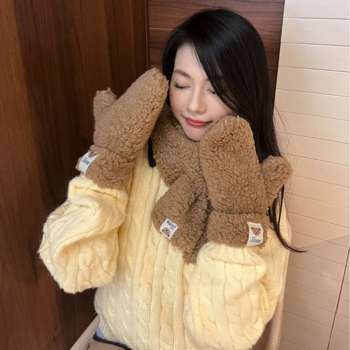 Warmfell Teddy Mittens and Cross-Over Scarf Set with Bear Patch