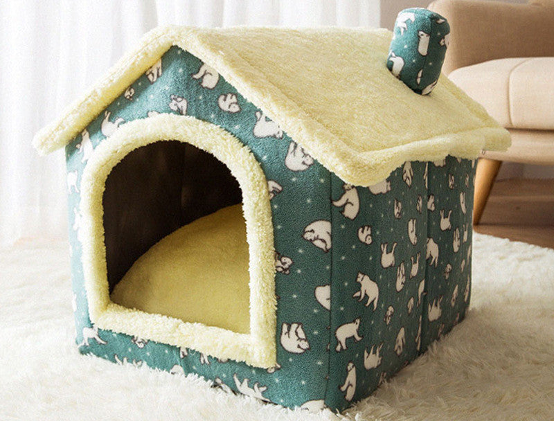 Plush enclosed cat house with cushion