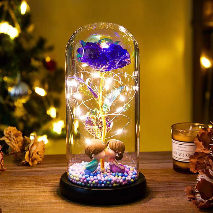 Light-up gold foil rose in a glass dome, 22 cm