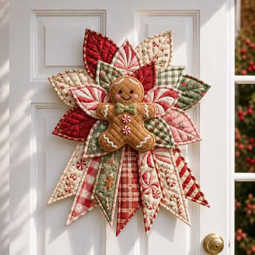 Quilted fabric Christmas door hanging with snowman