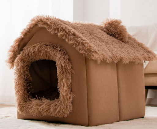 Plush enclosed cat house with cushion