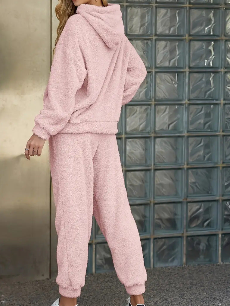 Woman in fluffy teddy hoodie and trousers