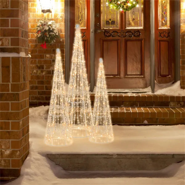 Three lit cone trees with star beads