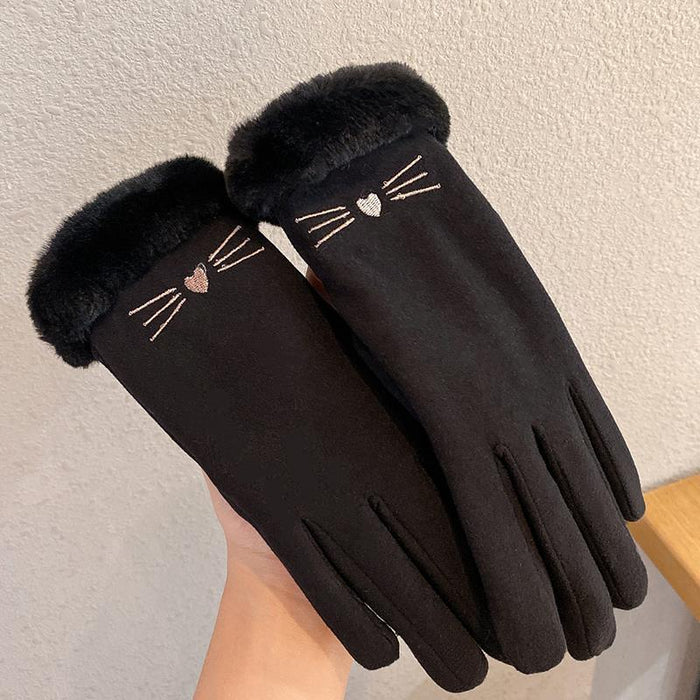 Warmfell Faux Fur Cuff Winter Gloves with Cat Face Embroidery
