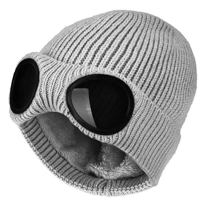 Knit beanie with flip-up goggles on the front