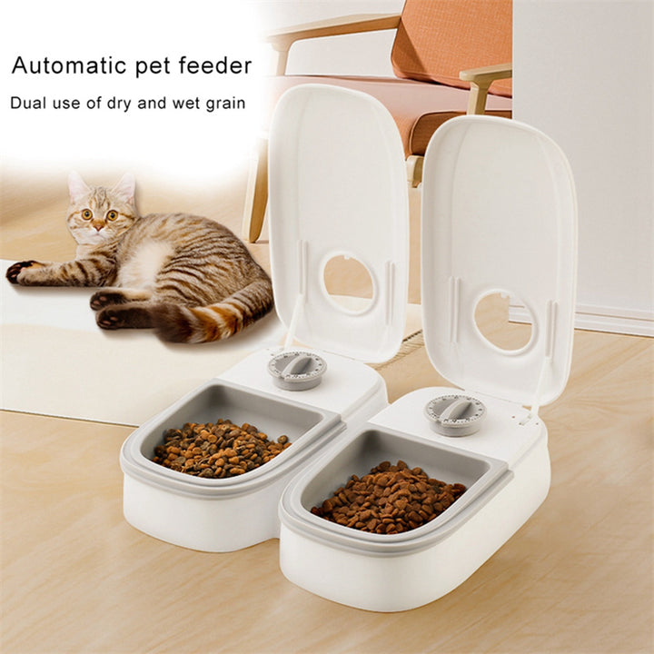 Grey timed pet feeder with dial lid