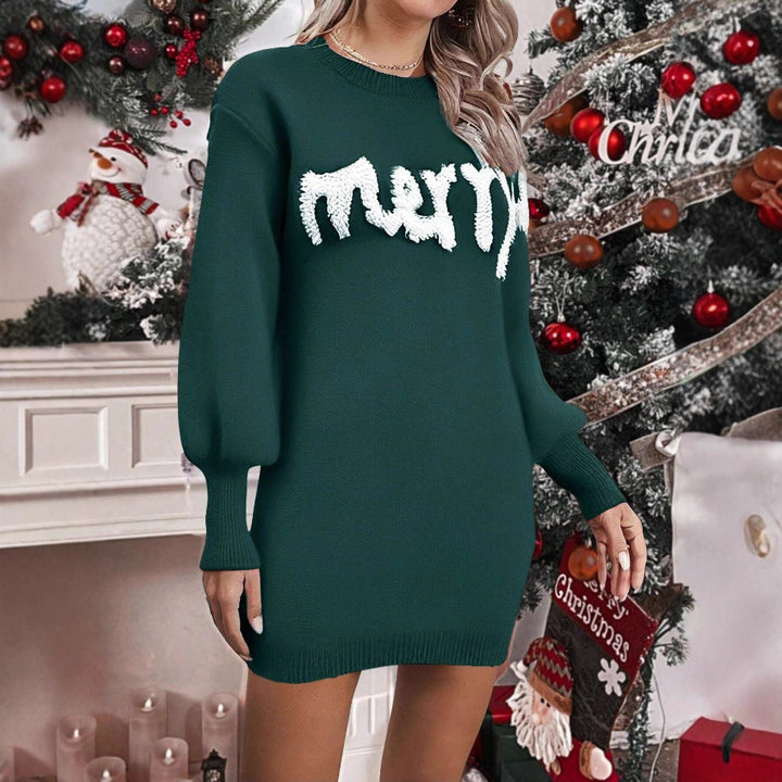 Womens Christmas Jumper Dress Lantern Sleeve Knit