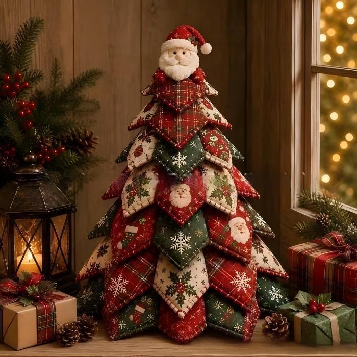 Patchwork fabric Christmas tree with star topper