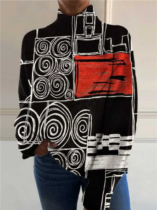 Woman in printed turtleneck jumper