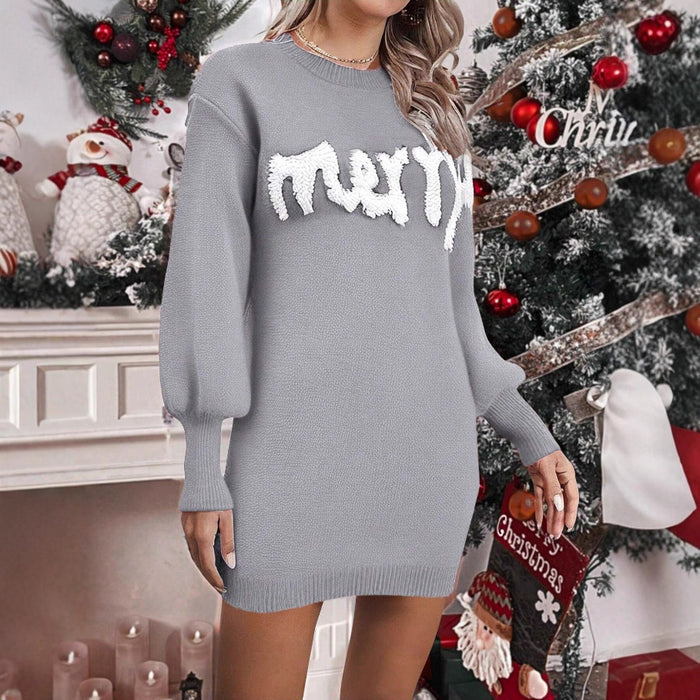 Warmfell Knitted Christmas jumper dress with lantern sleeves, mini length