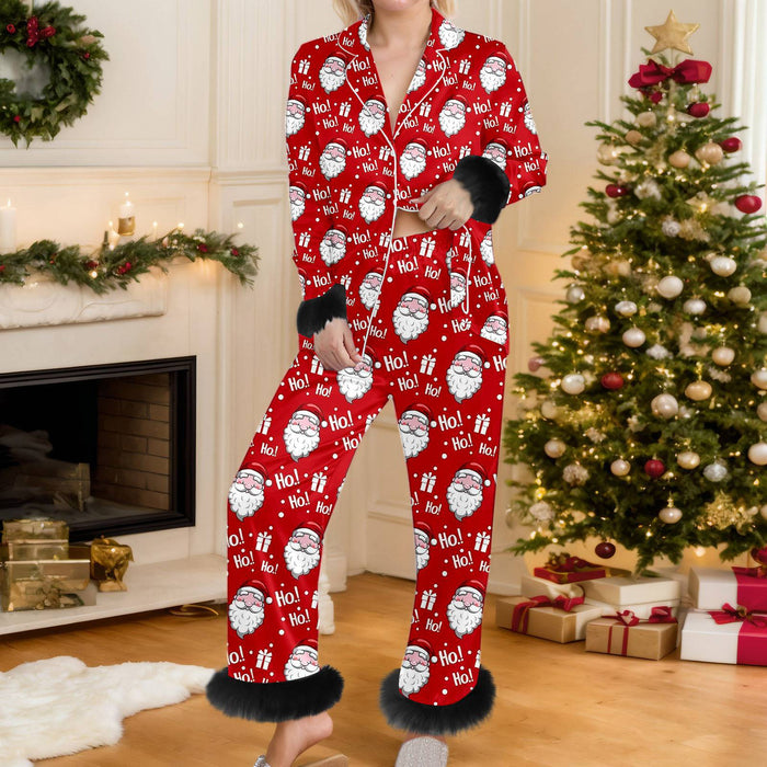 Warmfell Christmas Print Button Up Pyjama Set with Faux Fur Trim