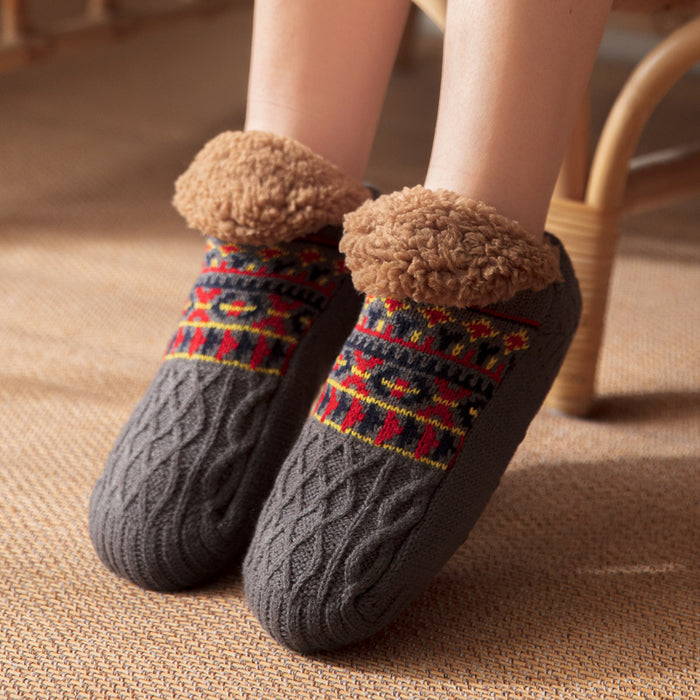 Warmfell Knitted Slipper Socks with Fleece Cuff and Grippy Sole