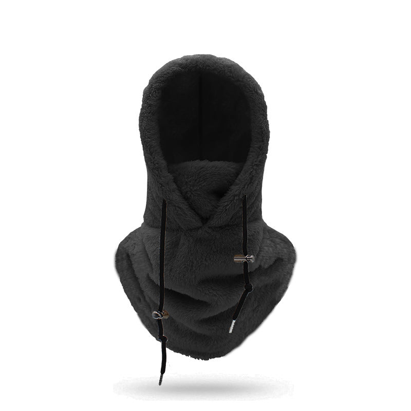 Woman wearing beige plush hood with scarf