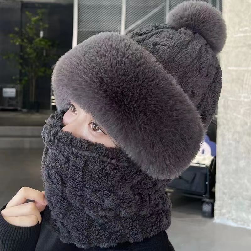 Pink plush hood hat with pompom