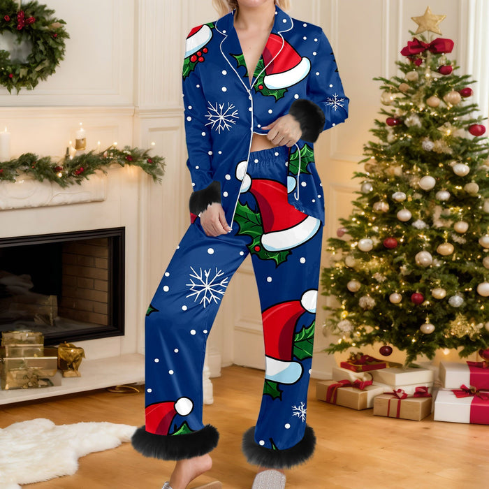 Warmfell Christmas Print Button Up Pyjama Set with Faux Fur Trim