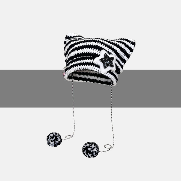 Warmfell Striped Cat Ear Beanie with Star or Pompoms