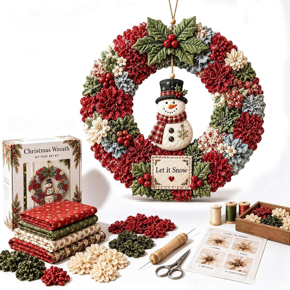 Fabric rosette Christmas wreath with snowman